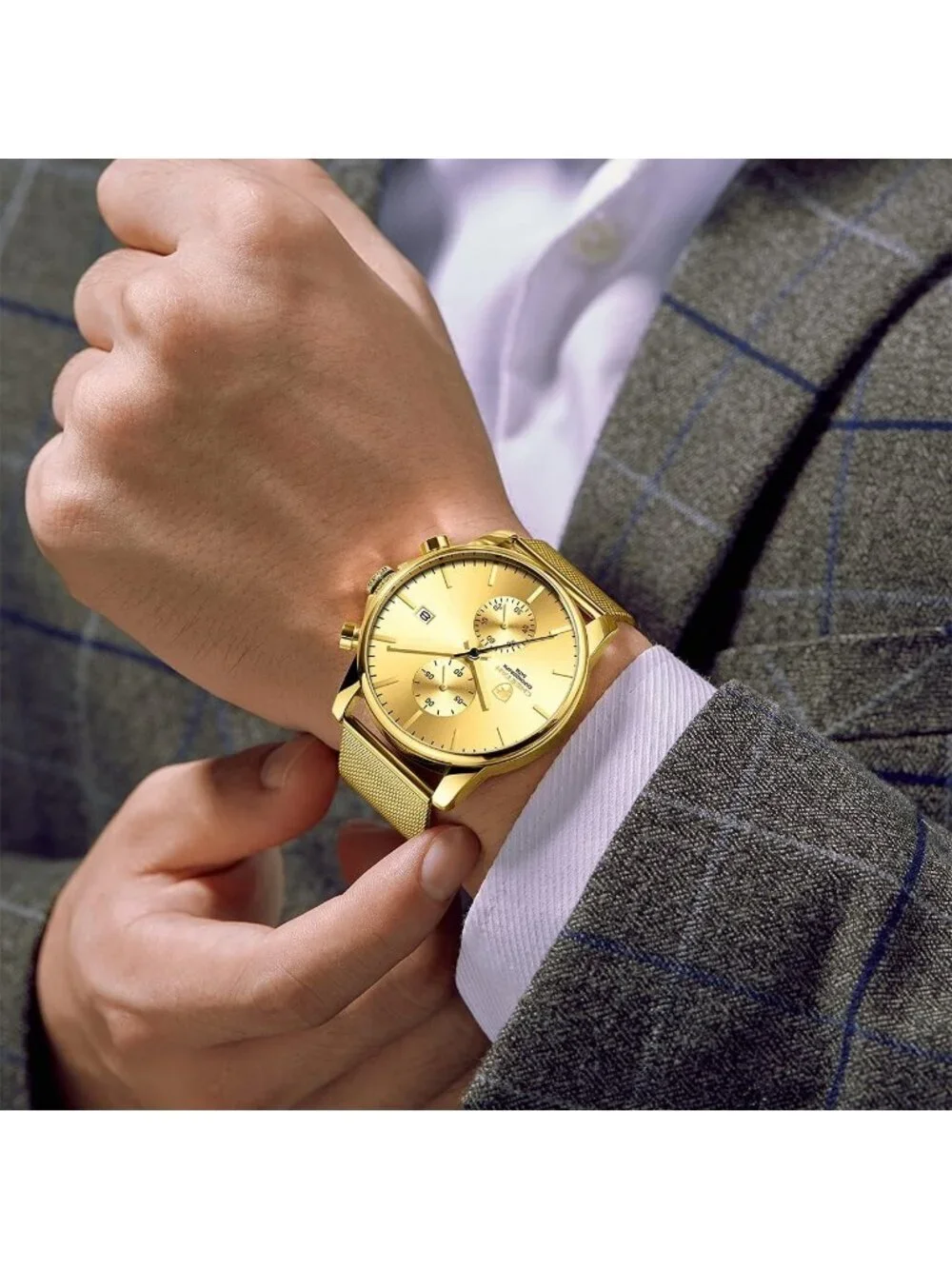 Men's Gold Quartz Analog Mesh Strap Stainless Steel Chronograph Round Watch